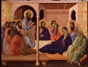 Maria verlaat de apostelen. Predella van La Maesta door Duccio di Buoninsegna