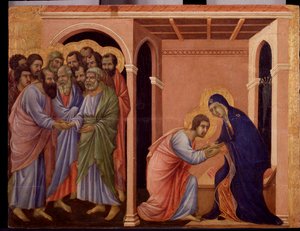 Maria neemt afscheid van Johannes, buiten schudden de apostelen Petrus en Paulus elkaar de hand (detail) door Duccio di Buoninsegna