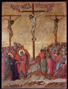 De kruisiging. Aan de zijkanten, de goede dief (Dismas) en de onboetvaardige dief (Gestas) door Duccio di Buoninsegna