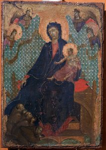 Maagd en kind met drie franciscaner monniken door Duccio di Buoninsegna