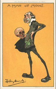 Een man van stemmingen: Shakespeares personage, Hamlet, met de schedel van Yorick (kleur litho)