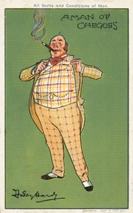Een man van cheques: een dikke rijke man in een geruit pak (chromolitho)