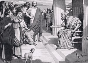 Socrates spreekt de Atheners toe, illustratie uit Hutchinsons Geschiedenis van de Naties, 1915 door Dudley Heath