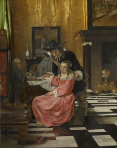 Een interieur, met een vrouw die een glas wijn weigert, ca. 1660