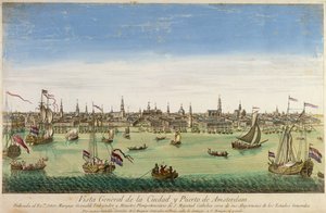 Algemeen Uitzicht op de Haven en Stad van Amsterdam, gravure door D.G. Hucquier, 16e eeuw door Dutch School