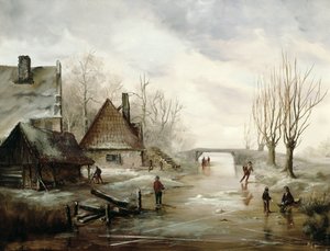 Een winterlandschap met schaatsende figuren op de voorgrond door Dutch School