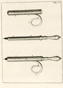 Een assortiment van abces spuiten, uit Exercitationes Practicae circa Medendi Methodum door Frederik Dekkers, 1694