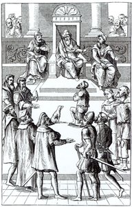 Bekentenis voor herstel voor het tribunaal, naar een houtsnede in Praxis Rerum Criminalium door Joos de Damhouder, gepubliceerd Antwerpen, 1556 door Dutch School