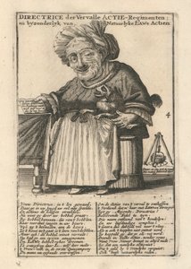 Directrice van de vervallen voorraadregimenten, satirische prent over de Mississippi Bubble door Dutch School