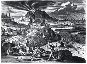 Aardbeving in Edo (Tokio) in 1659, illustratie uit het verslag door Arnold Montanus van ambassades gestuurd door de Nederlandse Oost-Indische Compagnie naar de Keizer van Japan, gepubliceerd in Amsterdam 1669 door Dutch School