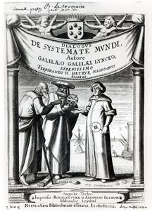 Frontispice van Dialogus De Systemate Mundi door Galileo (1564-1642), gepubliceerd in Leiden 1635 door Dutch School