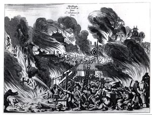 Grote Brand in Yedo (Tokio) in de 17e eeuw, illustratie uit het verslag door Arnold Montanus van ambassades gestuurd door de Nederlandse Oost-Indische Compagnie naar de Keizer van Japan, gepubliceerd in Amsterdam 1680