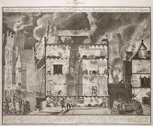 Illustratie die laat zien hoe nieuwe lange brandslangen alle delen van een gebouw konden bereiken, uit een boek over Brandbestrijding in Holland, gepubliceerd ca.1700 door Dutch School