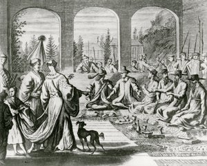 Jezuïeten met Nederlandse en Portugese kooplieden aan het Japanse hof, ca. 1670 (gravure) door Dutch School