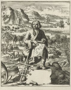 Louis Hennepin landt in Noord-Amerika, uitgegeven 1688 (gravure) door Dutch School