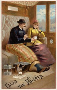 Man biedt chocolade aan aan vrouw in trein (chromolitho) door Dutch School