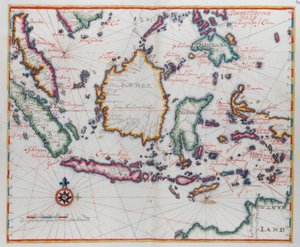 Kaart die Borneo, Celebes (Sulawesi), Java en andere Indonesische eilanden toont.