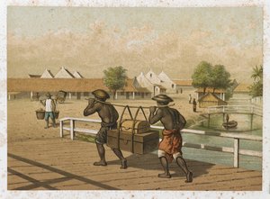 Inheemse dragers die bagage dragen, Nederlands-Indië