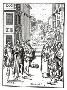 Verkoop door stadsomroeper, naar een houtsnede in Praxis Rerum Civilium door Joos de Damhouder, gepubliceerd Antwerpen, 1557 door Dutch School