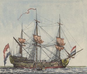 Schip van de Nederlandse Oost-Indische Compagnie (gekleurde gravure) door Dutch School