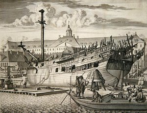 Schip dat in brand vloog voor het Marine Arsenal van de Nederlandse Oost-Indische Compagnie