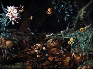 Stroom in een dal met bloemen en reptielen door Dutch School
