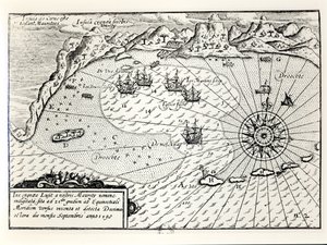 De aankomst van de vloot van vice-admiraal Wybrandt Van Warwijck in de zuidoostelijke haven van Mauritius in september 1598 door Dutch School