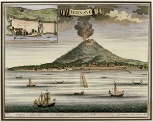Het eiland Ternate, Molukken, Indonesië, illustratie uit Oud Nieuw Oost-Indien, 1724-26