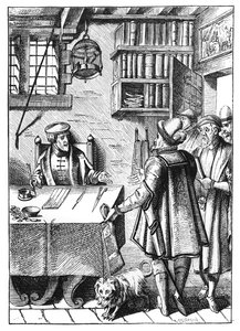 De ontvanger van belastingen, naar een houtsnede in Praxis Rerum Civilium door Joos de Damhouder, gepubliceerd Antwerpen, 1557