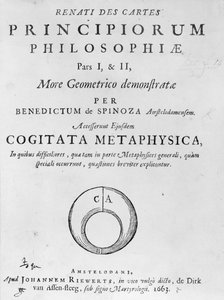 Titelpagina van Renati Descartes principiorum philosophie door Baruch Spinoza, gepubliceerd in 1663 door Dutch School