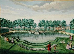 Zicht op het hertenkamp aan het grote meer en het paviljoen, uit 