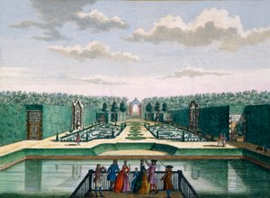 Uitzicht op de parterre en triomfboog, Meerestein, uit Het Zeganpralent Kennemerlant door Hendrick de Leth en Matthias Brouerius Van Nidek, gepubliceerd ca. 1700-1730