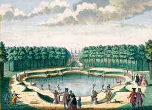 Uitzicht op de vijver aan de achterkant van het huis, Beckenstein, uit Het Zeganpralent Kennemerlant door Hendrick de Leth en Matthias Brouerius Van Nidek, gepubliceerd ca. 1700-1730