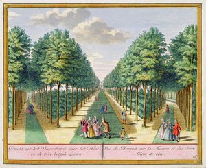 Uitzicht op het bos naar het huis en de twee zijlanen, Watervliet, uit Het Zegenpralent Kennemerlant, door Hendrick de Leth en Matthias Brouerius Van Nidek, gepubliceerd ca. 1700-1730 door Dutch School