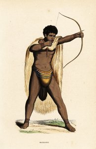 Khoikhoi man in dierenhuid cape, met kralen lendendoek, boog en pijlen