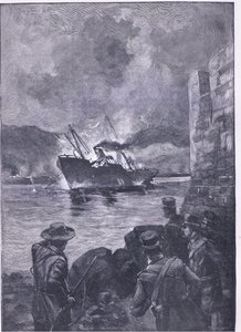 De Spaans-Amerikaanse Oorlog: Het zinken van de Merrimac, illustratie uit Cassells Geschiedenis van Engeland, 1900s door E.S. Hodgson