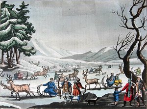 Tungus verlaten hun winterkamp op sleeën getrokken door rendieren, ca.1820 door E. (after) Karnejeff