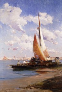 Vissersvaartuig met de Rivere degli Schiavoni, Venetië, op de achtergrond door E. Aubrey Hunt
