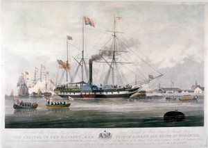 Koningin Victoria en Prins Albert arriveren bij de Koninklijke Scheepswerf, Woolwich, Kent, 1843 door E Duncan