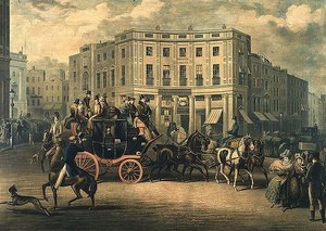 "The Age" Brighton Koets bij de Bull and Mouth, Regent Circus (gravure) door E. F. Lambert