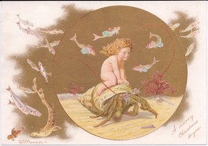 Een Victoriaanse kerstkaart van een heremietkreeft in een schelp bereden door een waterbaby omringd door een school vissen, c.1895