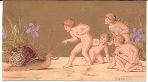 Een Victoriaanse wenskaart van vier naakte feeën die een slak plagen tegen een gouden achtergrond, c.1895