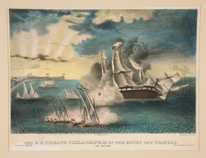 De Amerikaanse Fregat Philadelphia op de rotsen bij Tripoli (Uit het U.S. Military Magazine Army and Navy, Vol. II) door E. J. Pinkerton