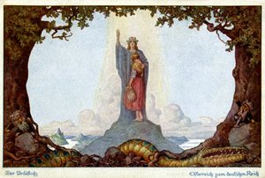 Geschiedenis. Unie van Oostenrijk en Duitsland. Allegorie door E. Kutzer, Oostenrijk, ca. 1920 (ansichtkaart)