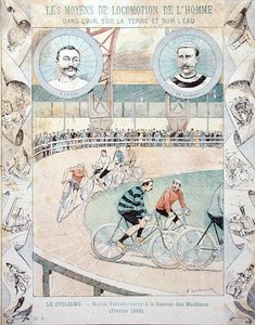 Charles Terront en Jules Corre in de Galerie des Machines in februari 1893, uit een schoolboek door E. Letellier