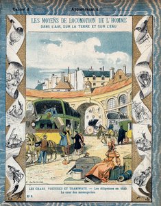 Diligence in 1840 - de binnenplaats van de koeriersdiensten - Stagecoach in 1840 - Van een beschermhoes voor schoolboeken, eind 19e eeuw - illustratie door E. Letellier - Bescherm historisch notitieboek, eind 19e eeuw