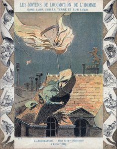 De dood van Marie Blanchard, vrouw van luchtvaartpionier Jean Pierre Blanchard, toen haar ballon vlam vatte tijdens een demonstratie boven Parijs, 6 juni 1819 - Van een beschermhoes voor schoolboeken, eind 19e eeuw - Dood van Madame Blanchard - op 16 juli 