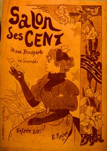 Een vrouw die een uitnodiging bekijkt, Salon des Cent door E. Rocher