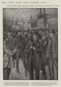 Mannen die betere dagen hebben gezien: tally clerks worden ingehuurd buiten de Surrey Commercial Dock, Londen door E. S. (after) Hodgson