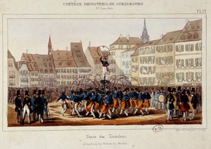 La danse des tonneliers tijdens de industriële optocht in Straatsburg op 25/06/1840. Lithografie van Simon door E. Simon